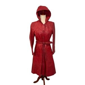 Vintage Red Genuine Leather Trench Coat Mod Full Length Fashion Avenue Sz 13/14